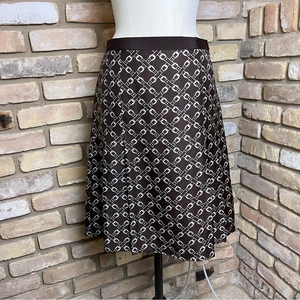 J CREW brown white equestrian buckle print double pleated silk twill skirt